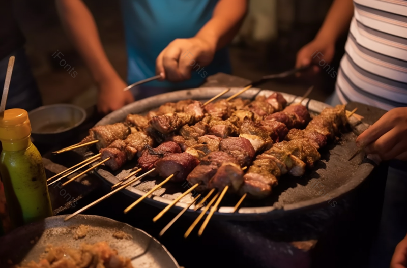 中国新疆乌鲁木齐夜晚的一整锅的烧烤烤羊肉串烤肉串餐饮美食图像摄影,高清,摄影图,摄影图片,图片大全,摄影图免费下载